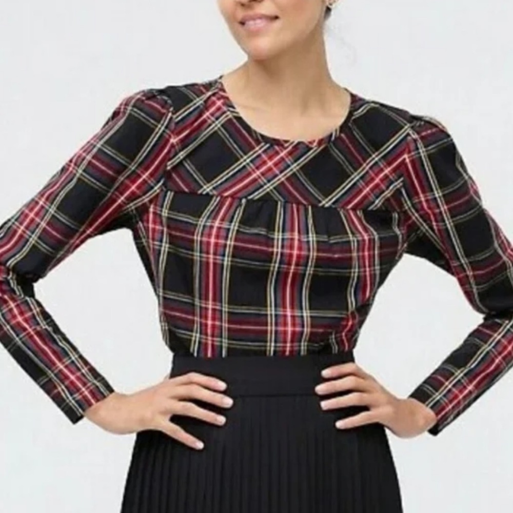 J Crew Women's Christmas Black Tartan Plaid Puff Sleeved Top XS Organic Cotton